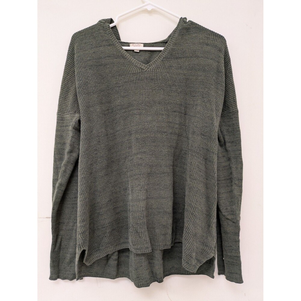 Sonoma Life & Style Women's L Green Waffle Knit Thermal Hoodie Top Cotton